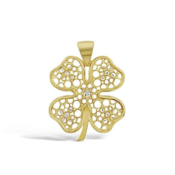 Four Leaf Clover Pendant 14K Yellow White Gold Lucky Charm - Picture 3 of 3